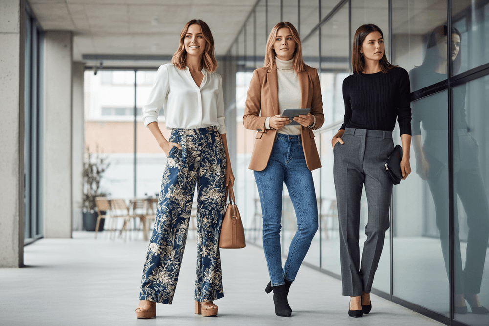 Drei Frauen in eleganten Designerhosen – Marciano by Guess Hydra, Monogramm-Jeans und High-Waist-Hose