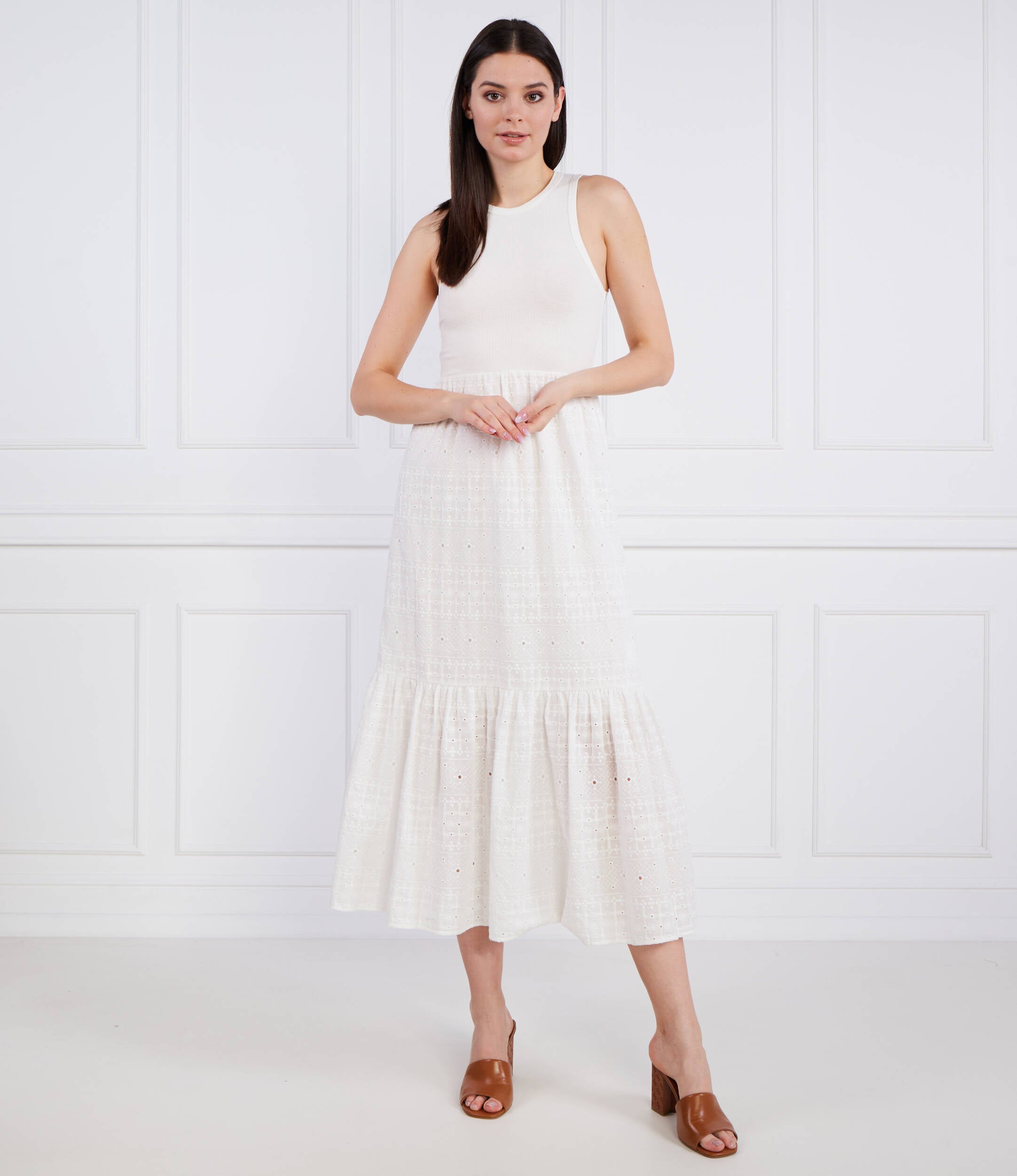 Desigual Geripptes Oberteil mit Lochstickerei Midikleid – Weiß
