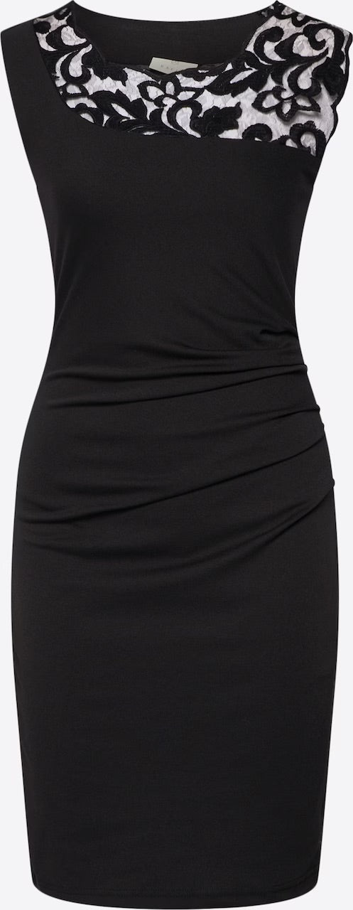 Kaffe India Vivi schwarzes Spitzenkleid mit Illusionsausschnitt und gerafftem Bodycon-Midi-Kleid – Ärmellos, Knielang | Damen