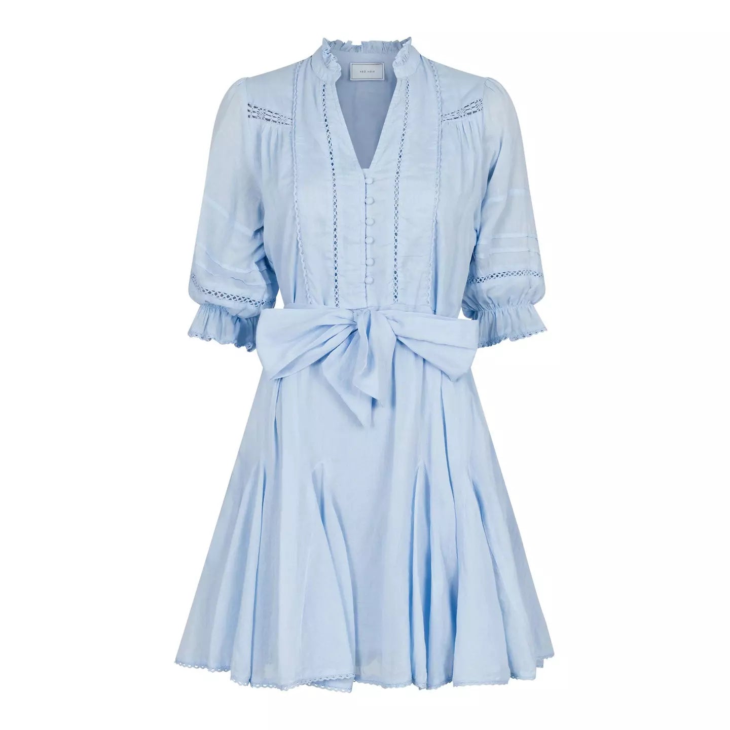 Neo Noir Rigitta Sky Blue Voile Minikleid – Spitze Besatz Puffärmel Gürtel | Damen
