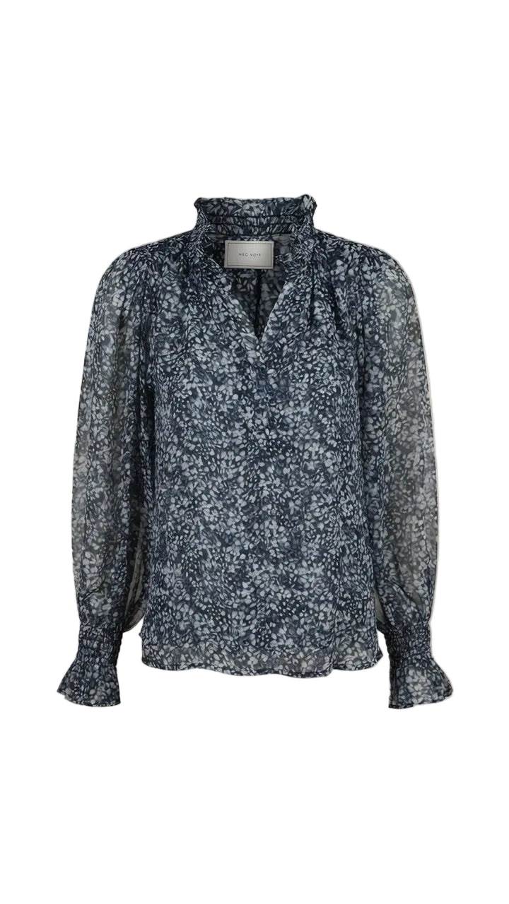 Neo Noir Marineblaue Chiffonbluse mit Blumenmuster – Rüschenkragen und gesmokte Manschetten