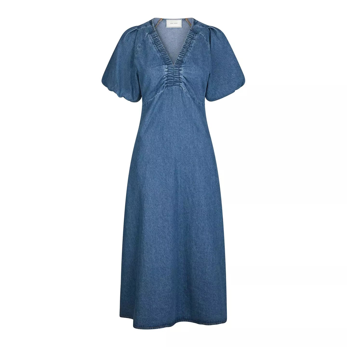 Neo Noir Illana Denim Midi-Kleid – Geraffter V-Ausschnitt Puffärmel A-Linie | Damen
