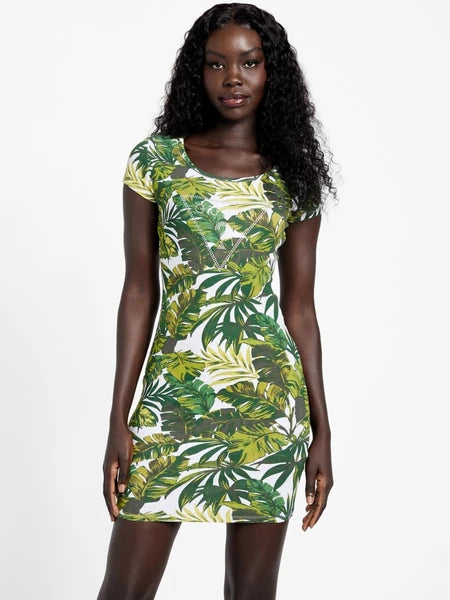 Guess Luciana Minikleid mit tropischem Print-Logo – Grün | Größe L