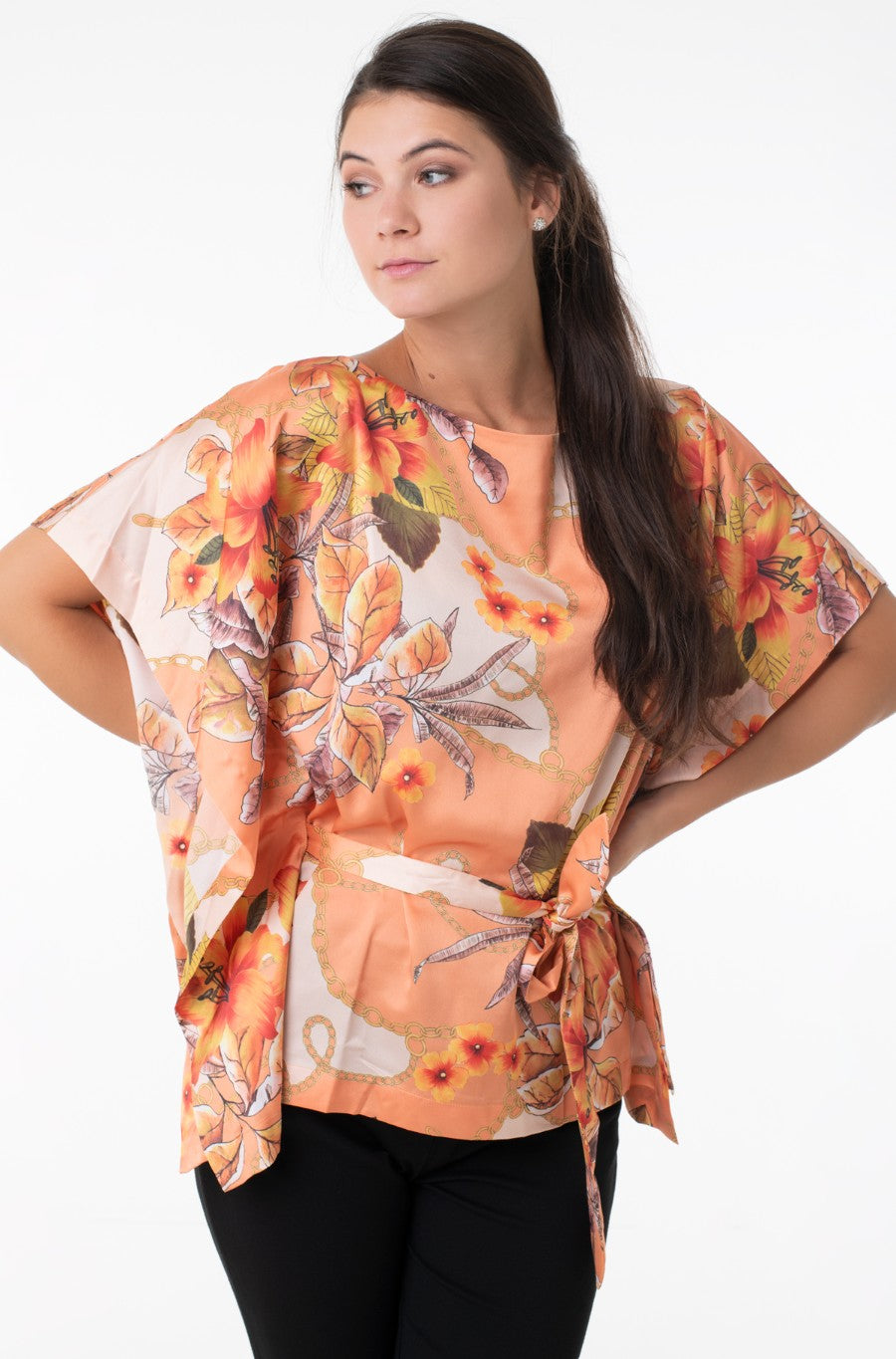 Marciano by Guess Diana Orangefarbene Kimono-Bluse mit Blumenmuster – seitlich gebundene Fledermausärmel