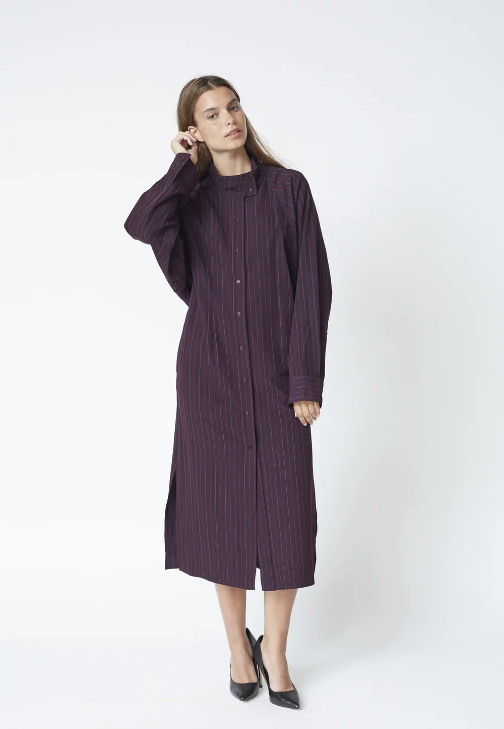 Co'couture Trinny CC Streifen-Midikleid mit Fledermausärmeln – Pflaume