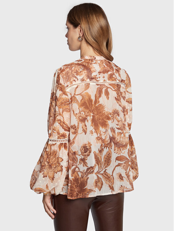 Guess Tunika mit langen Ärmeln und V-Ausschnitt, Floral – Beige