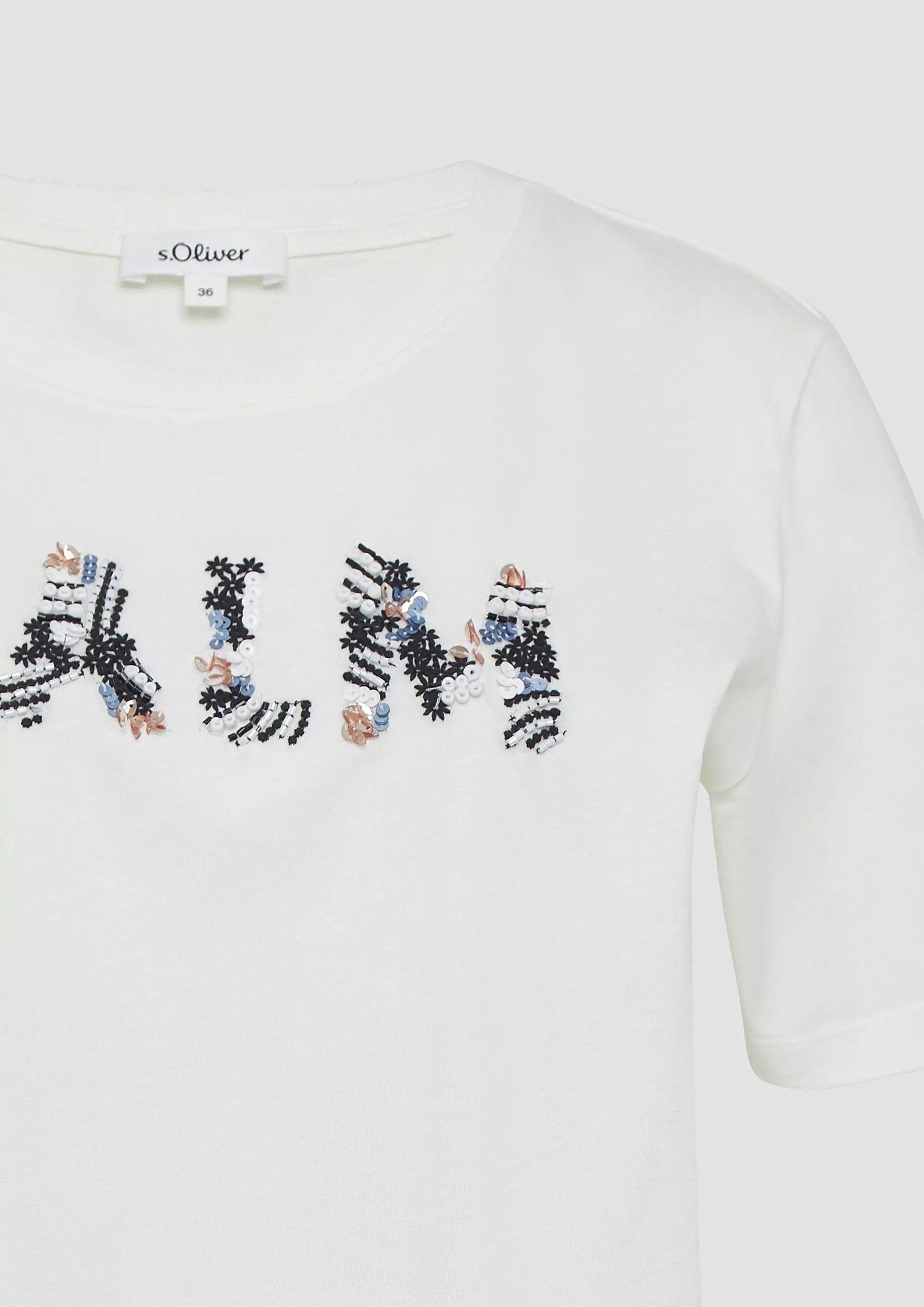 s.Oliver Damen-T-Shirt aus Jersey mit lockerer Passform – Muster: CALM Floral Artwork