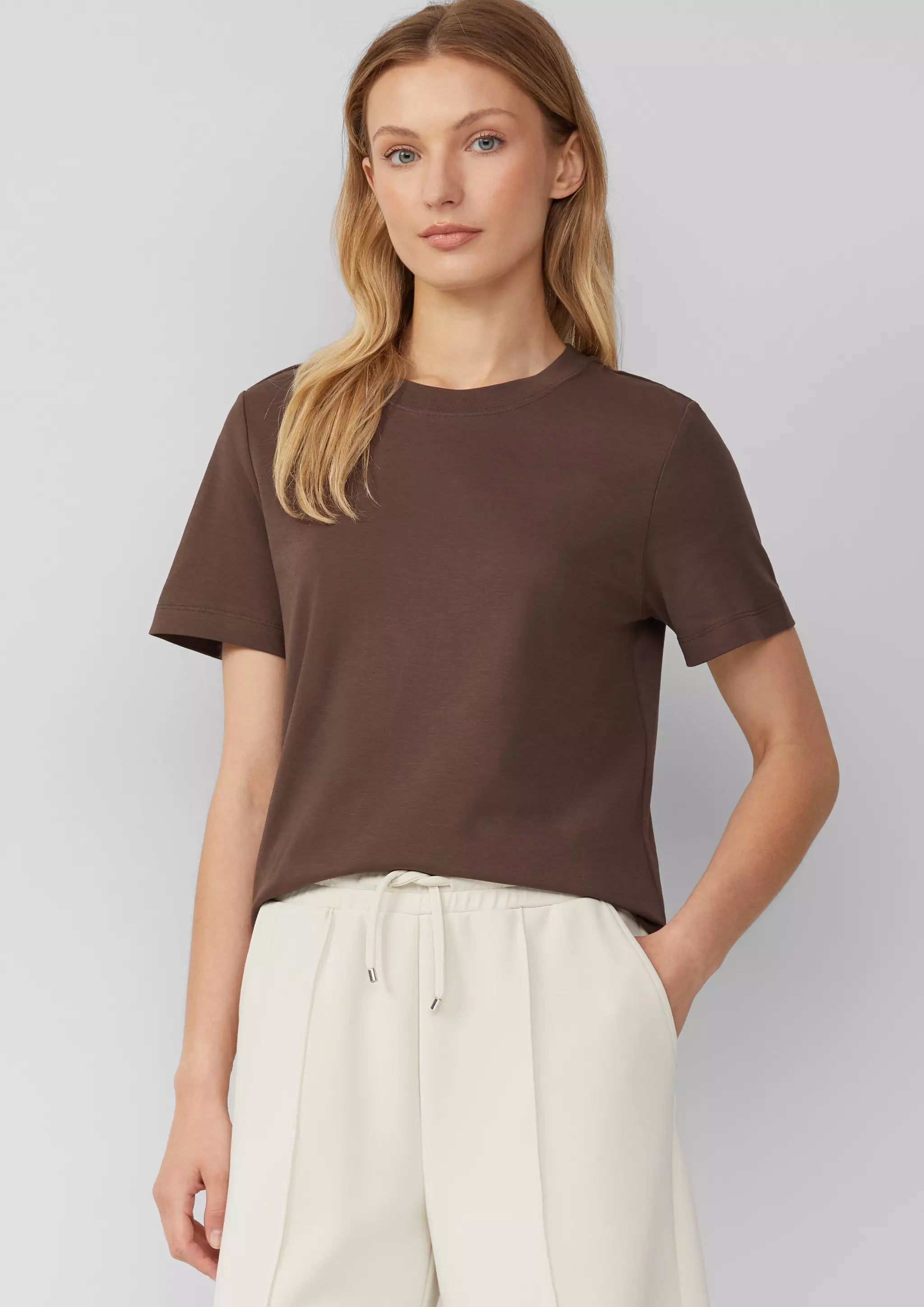 s.Oliver Damen Cropped T-Shirt - Interlock Jersey - Braun
