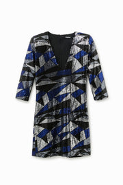 Desigual Mini-Kleid mit geometrischen Pailletten – Blau Silber Schwarz