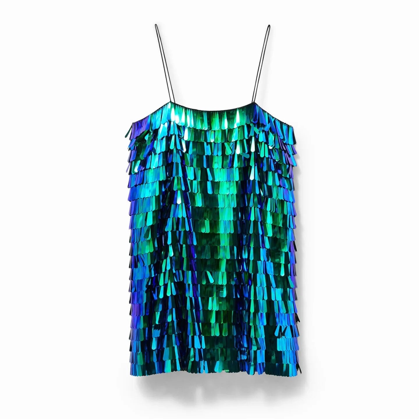 Desigual schillerndes Paillettenfransen-Minikleid – Grün Blau