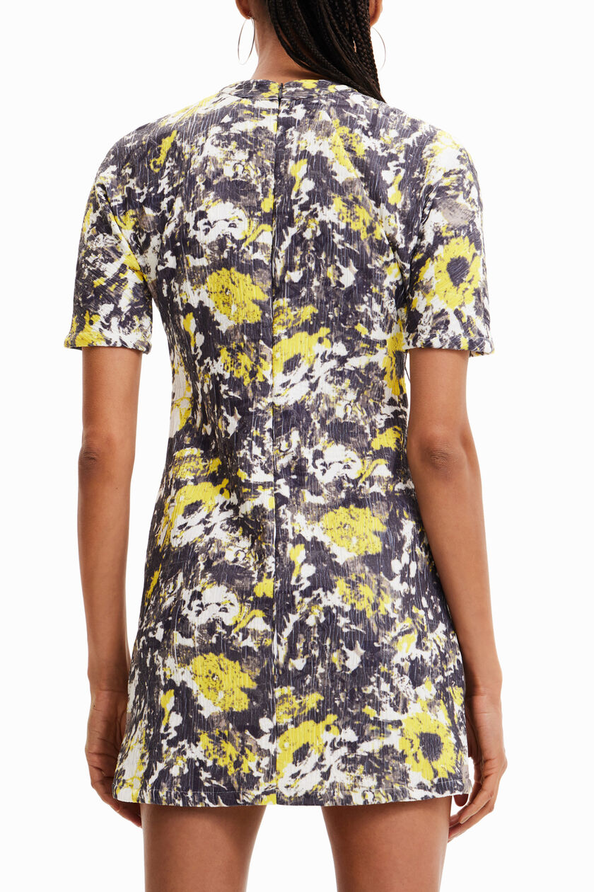 Desigual Geripptes Mock-Neck-Minikleid mit Sonnenblumenmuster – Schwarz Mehrfarbig