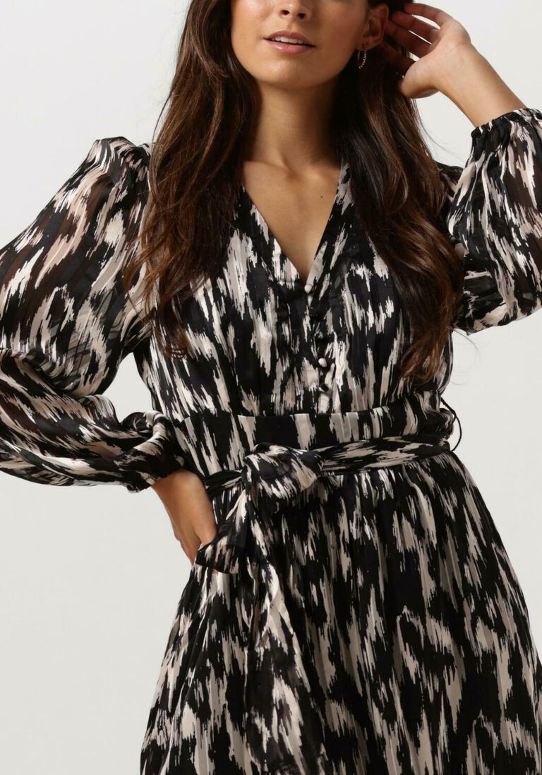 Neo Noir Louise Cheer Vibe Schwarzes Ikat-Muster Midikleid – V-Ausschnitt Ballonärmel Gürtel | Damen