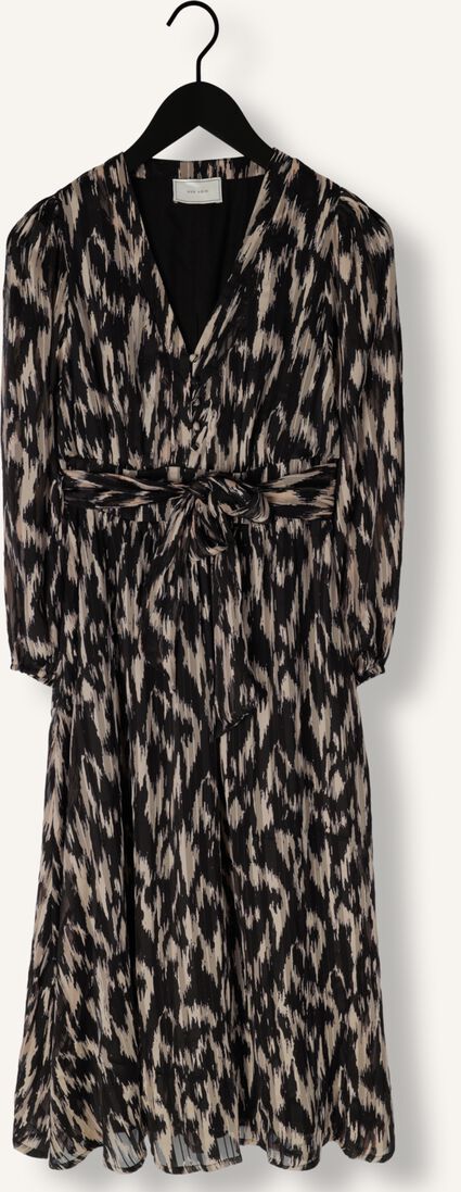 Neo Noir Louise Cheer Vibe Schwarzes Ikat-Muster Midikleid – V-Ausschnitt Ballonärmel Gürtel | Damen