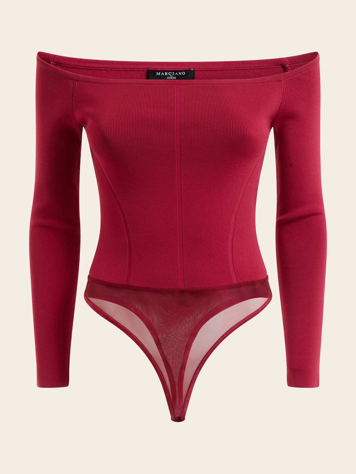 Marciano by Guess schulterfreier, gerippter, mittelmagentafarbener Body