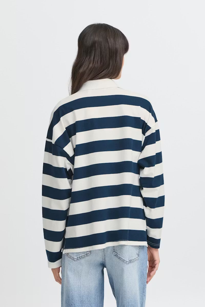 b.young BYBXSomset Gestreiftes Langarm-Poloshirt - Copenhagen Night