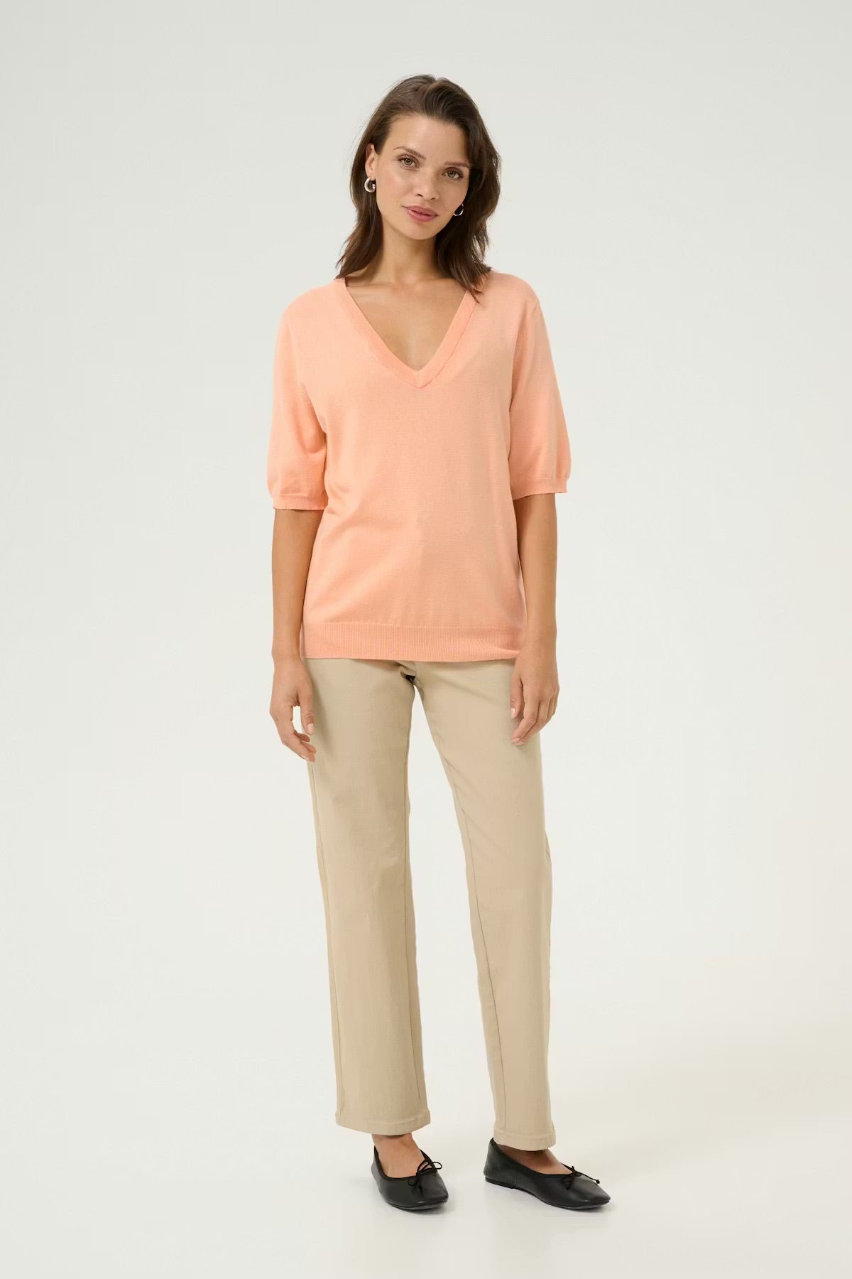 Kaffe KAlizza Peach Strickpullover – V-Ausschnitt Puffärmel Relaxed Fit | Damen