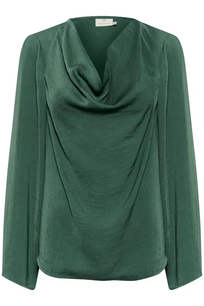 Kaffe KAariel Satinbluse mit Wasserfallausschnitt Forest Green – Lange Ballonärmel Knopfmanschetten Legere Passform | Damen