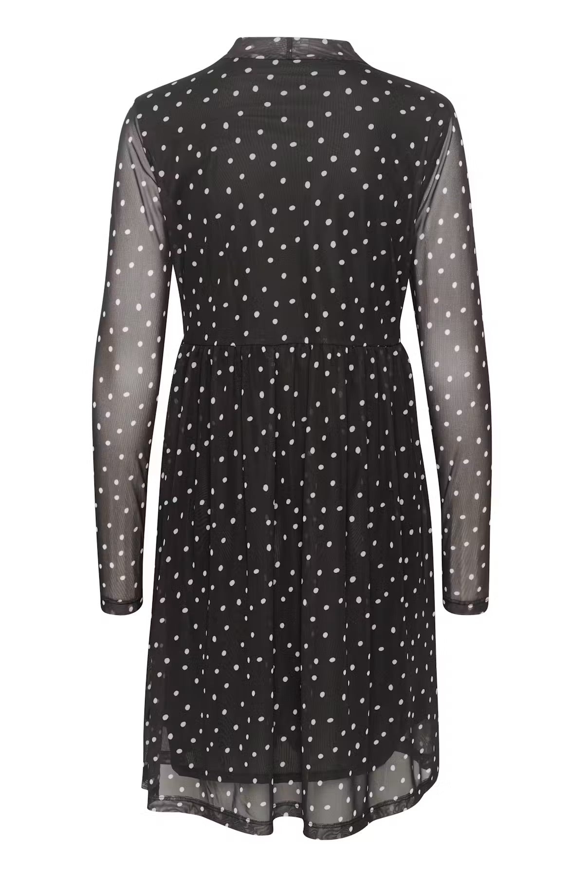Kaffe KAjohanne Mesh-Kleid mit schwarzen und weißen Tupfen – hochgeschlossen, durchsichtige lange Ärmel, gestuft | Damen
