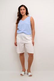 Kaffe Kamilla Off-White Leinen-Bermuda-Shorts – Elastischer Bund aufgesetzte Taschen lockere Passform | Damen