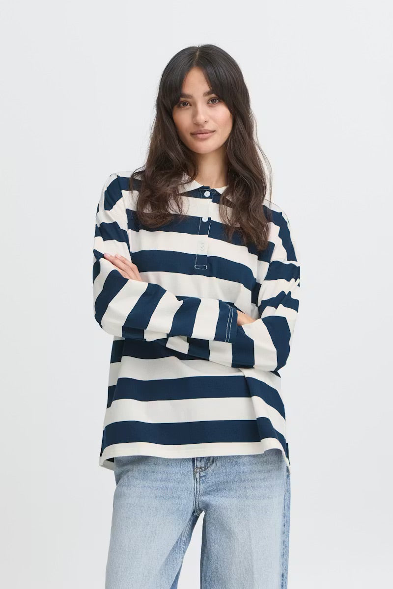 b.young BYBXSomset Gestreiftes Langarm-Poloshirt - Copenhagen Night