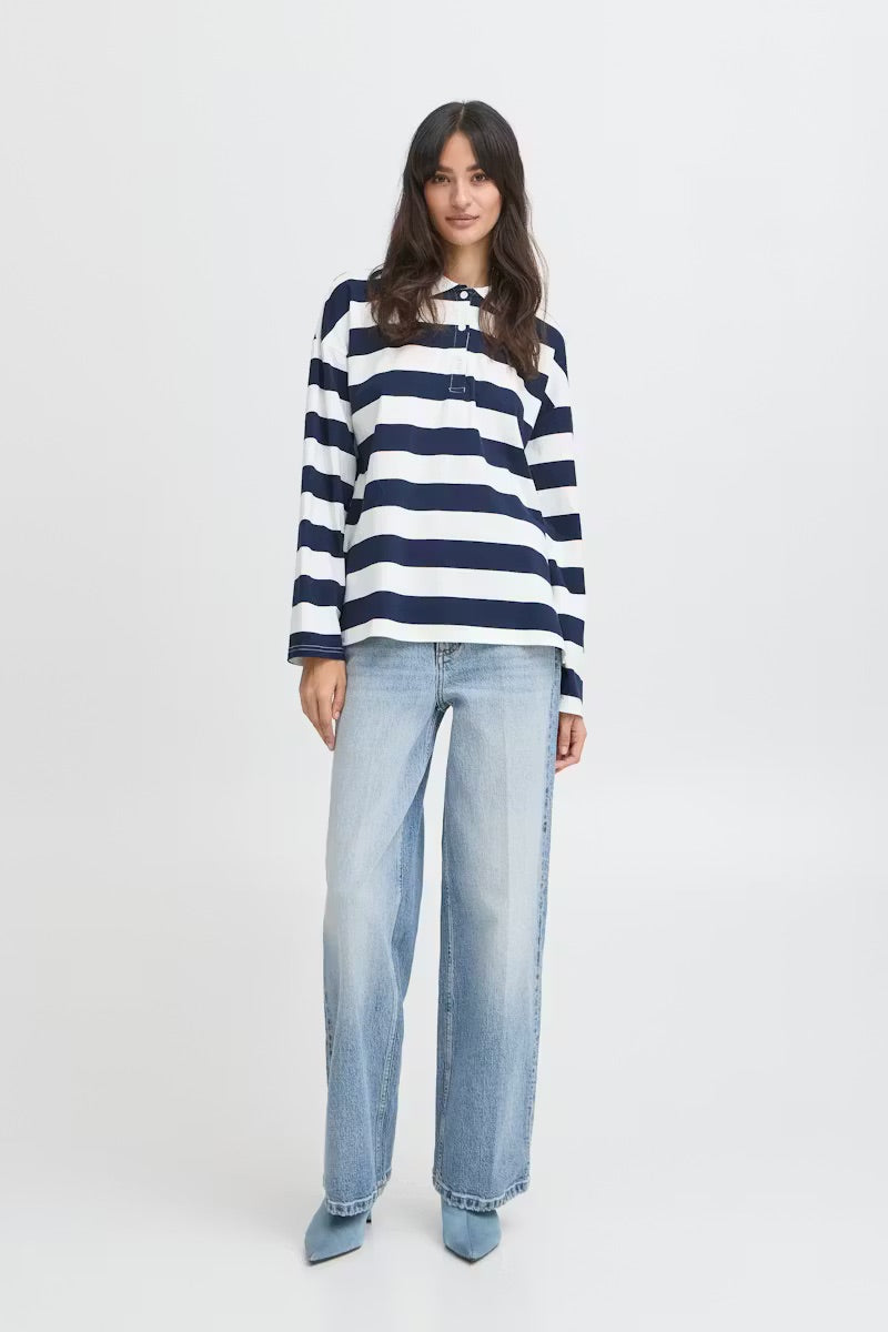 b.young BYBXSomset Gestreiftes Langarm-Poloshirt - Copenhagen Night