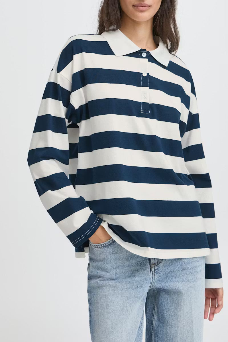 b.young BYBXSomset Gestreiftes Langarm-Poloshirt - Copenhagen Night