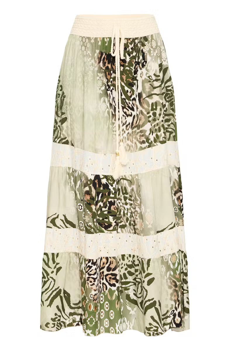 Sorbet Alona Stufen-Maxirock mit Animal-Print – Creme & Salbei