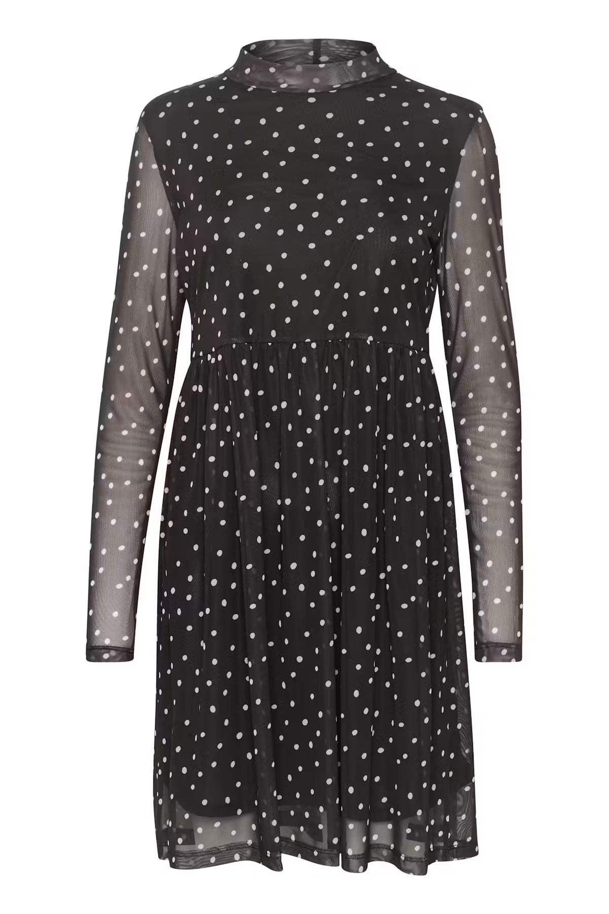 Kaffe KAjohanne Mesh-Kleid mit schwarzen und weißen Tupfen – hochgeschlossen, durchsichtige lange Ärmel, gestuft | Damen