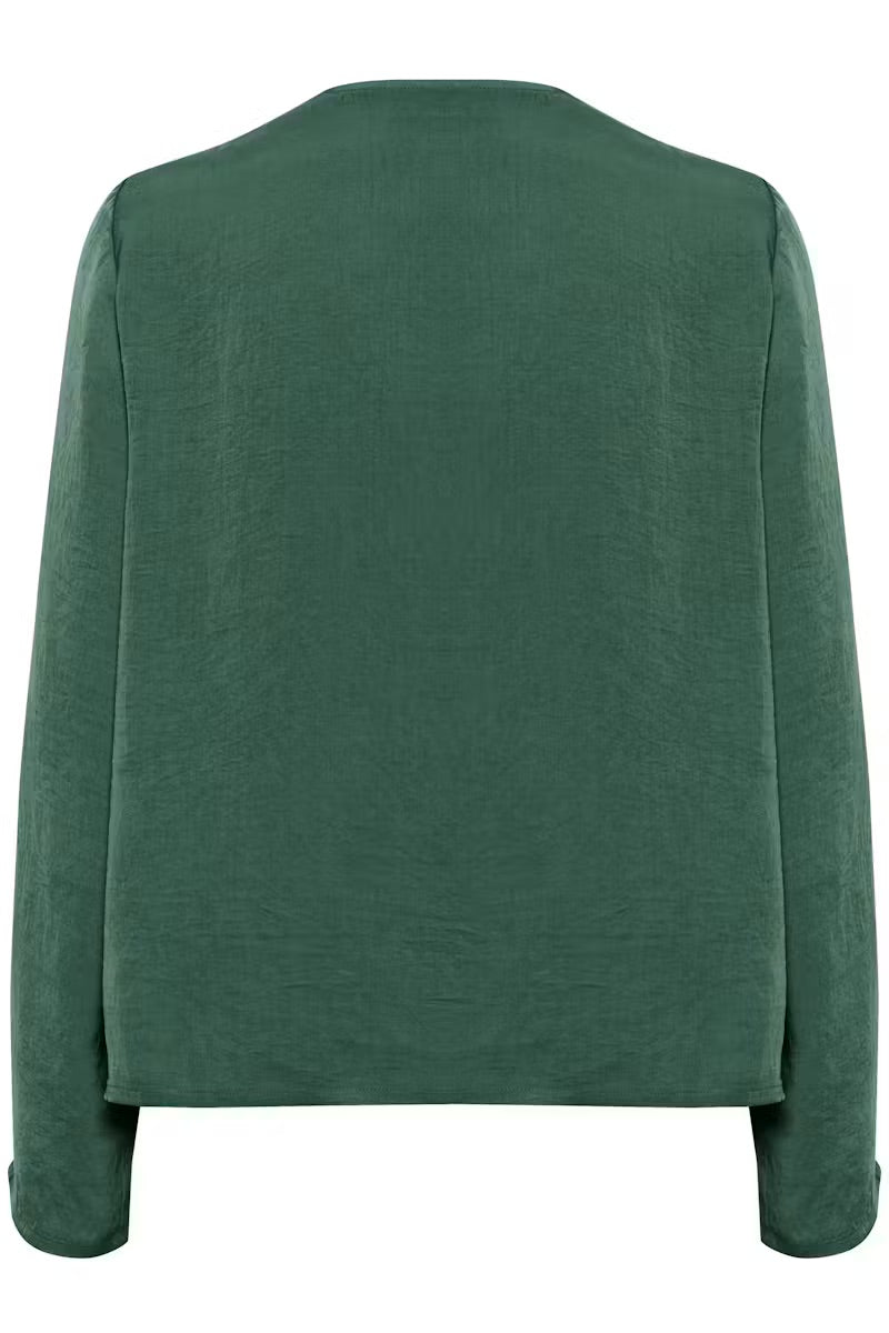 Kaffe KAariel Satinbluse mit Wasserfallausschnitt Forest Green – Lange Ballonärmel Knopfmanschetten Legere Passform | Damen