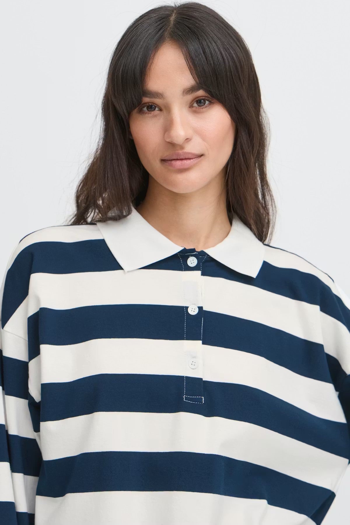 b.young BYBXSomset Gestreiftes Langarm-Poloshirt - Copenhagen Night