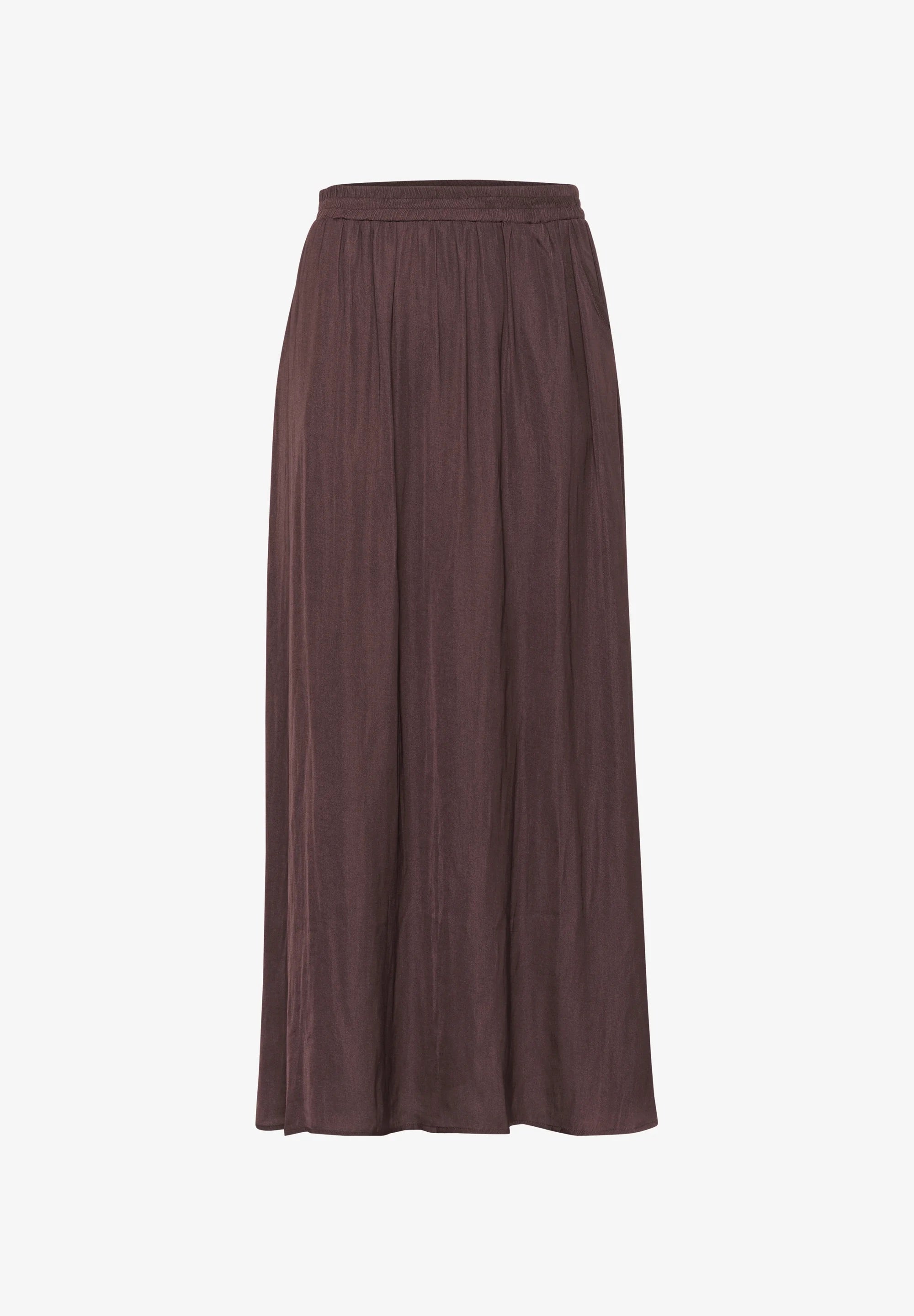 Kaffe KAallie Fudge Brown Plissierter Maxi-Rock aus Satin – Gummibund Seitentasche Seitenschlitz | Damen
