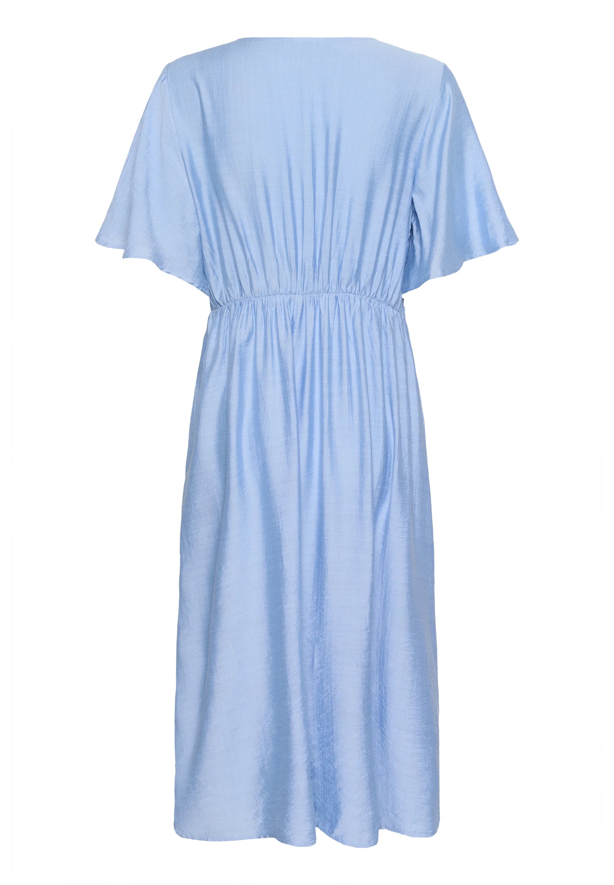 Kaffe KAjasmin Placid Blue Twist Front Midi Dress – V-Ausschnitt, flatternde Ärmel, elastischer Rücken | Damen