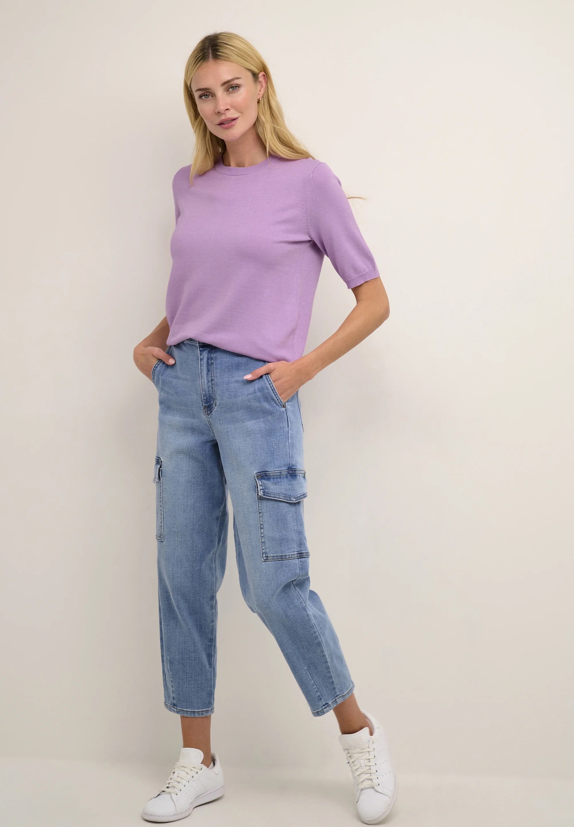 Kaffe Kalizza Lupine Lavender Feinstrick-Kurzarmtop – Designer Outlet für Damen