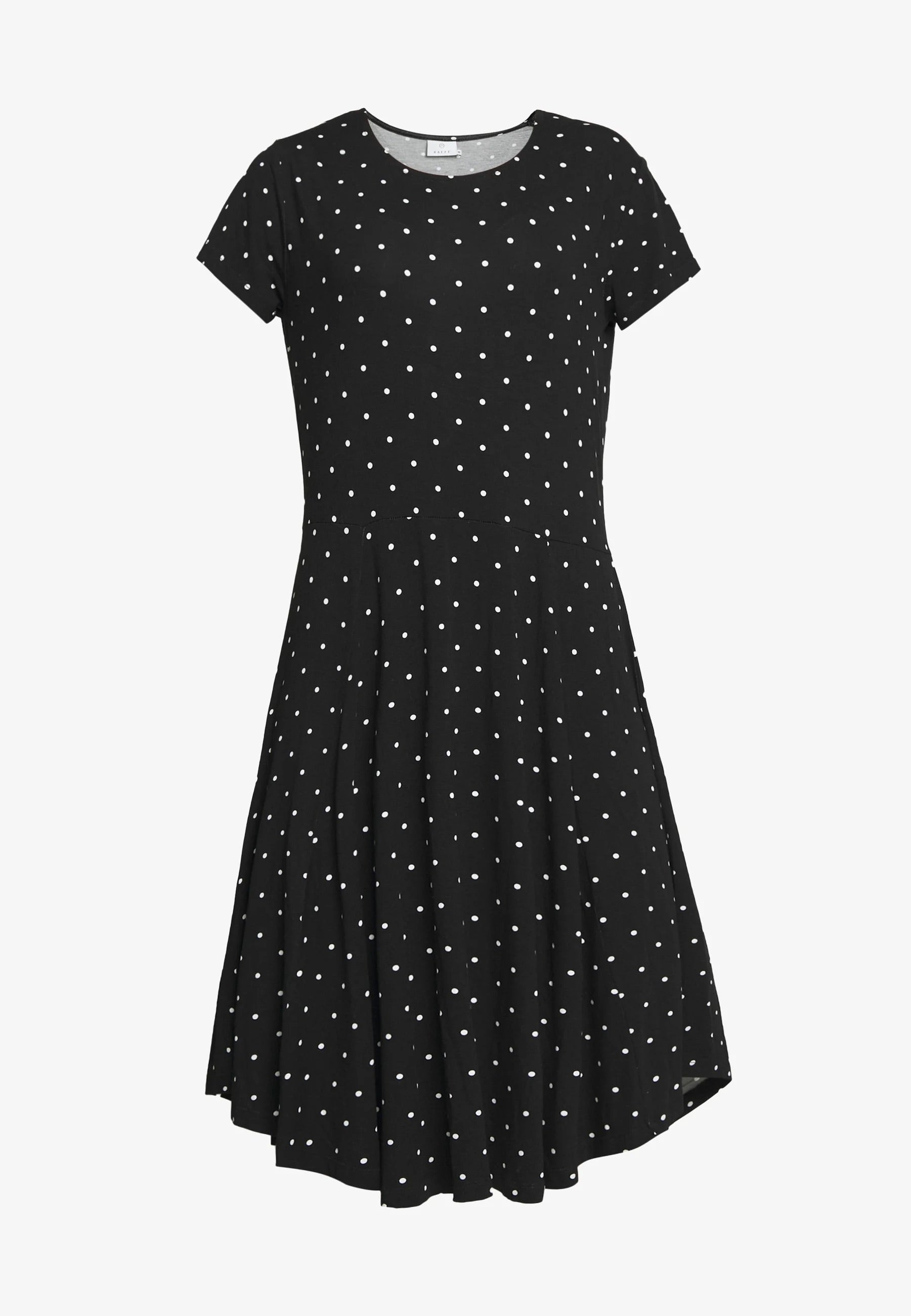 Kaffe Schwarzes Jerseykleid mit weißen Tupfen – Rundhalsausschnitt kurze Ärmel Stufenrock Midi | Damen