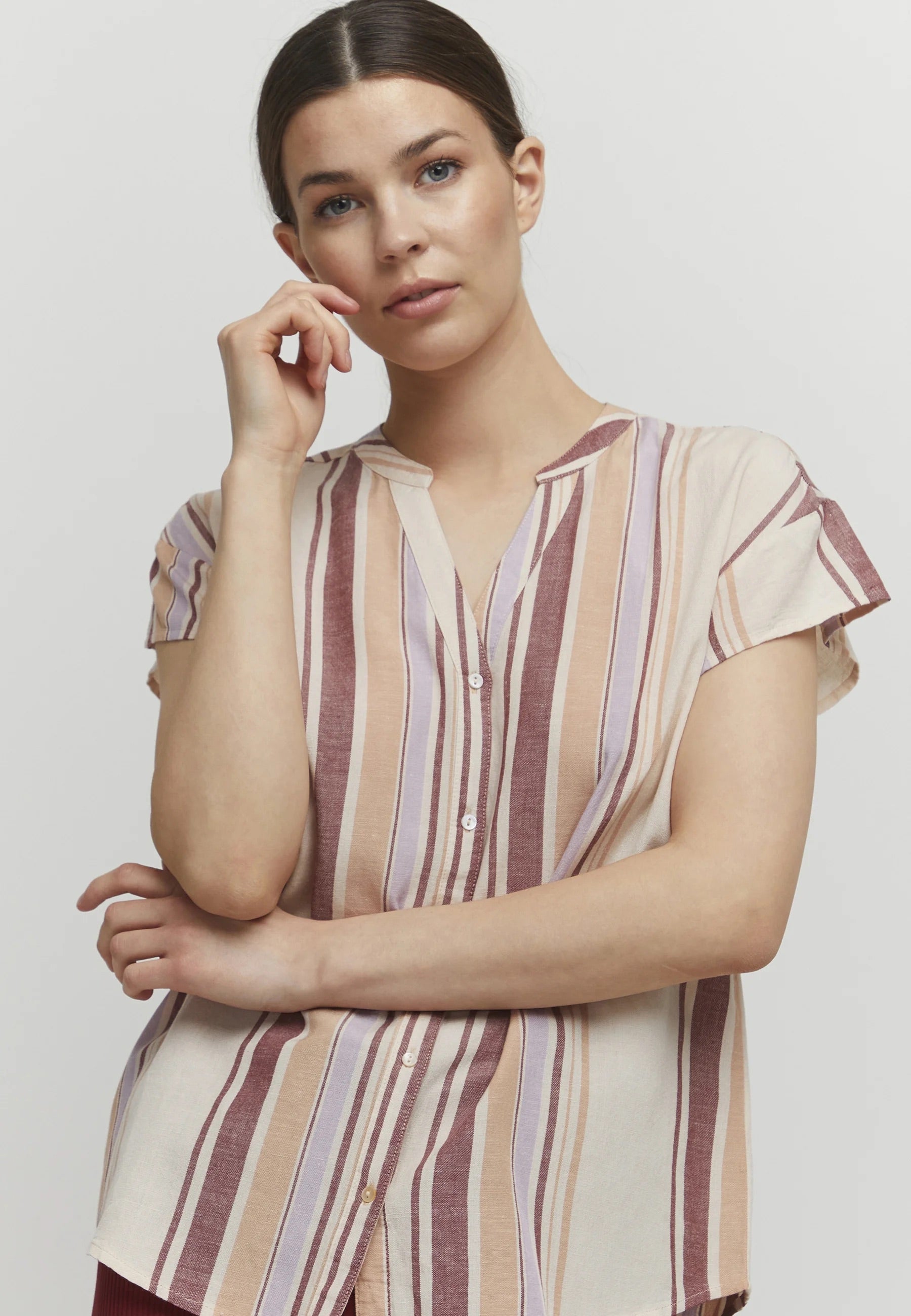 b.young BYHamia Gestreifte Bluse mit Knopfleiste - Beige Multi