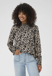 Kaffe KAdina Bluse mit hohem Halsausschnitt, gesmokt, Schwarz-Creme, Zebra-Print, lange Puffärmel, gesmokte Manschetten | Damen