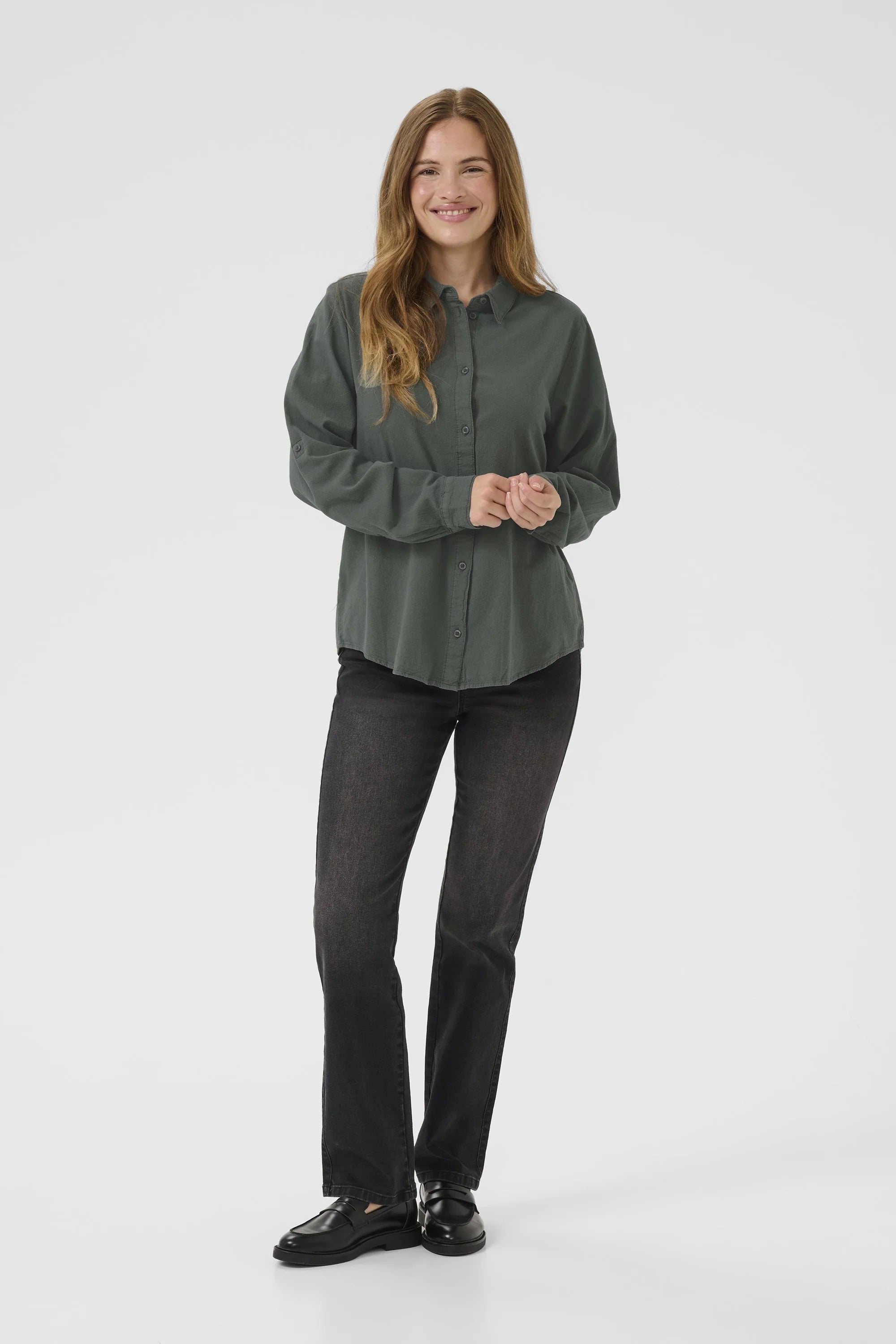 Kaffe KAnaya Kurze Balsam Grüne Hemdbluse mit Knopfleiste – Klassischer Kragen Roll-Up 3/4-Ärmel | Damen