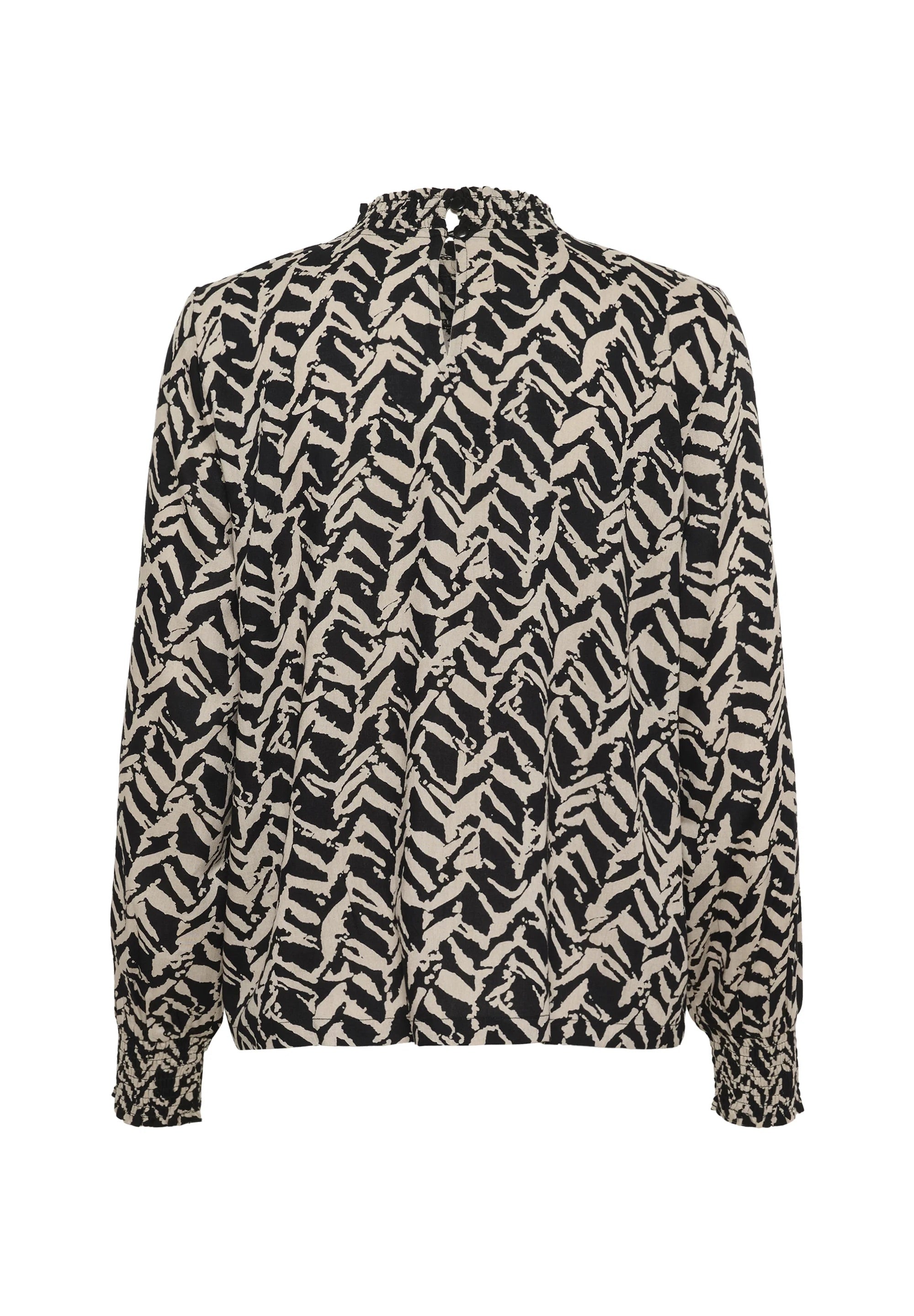 Kaffe KAdina Bluse mit hohem Halsausschnitt, gesmokt, Schwarz-Creme, Zebra-Print, lange Puffärmel, gesmokte Manschetten | Damen