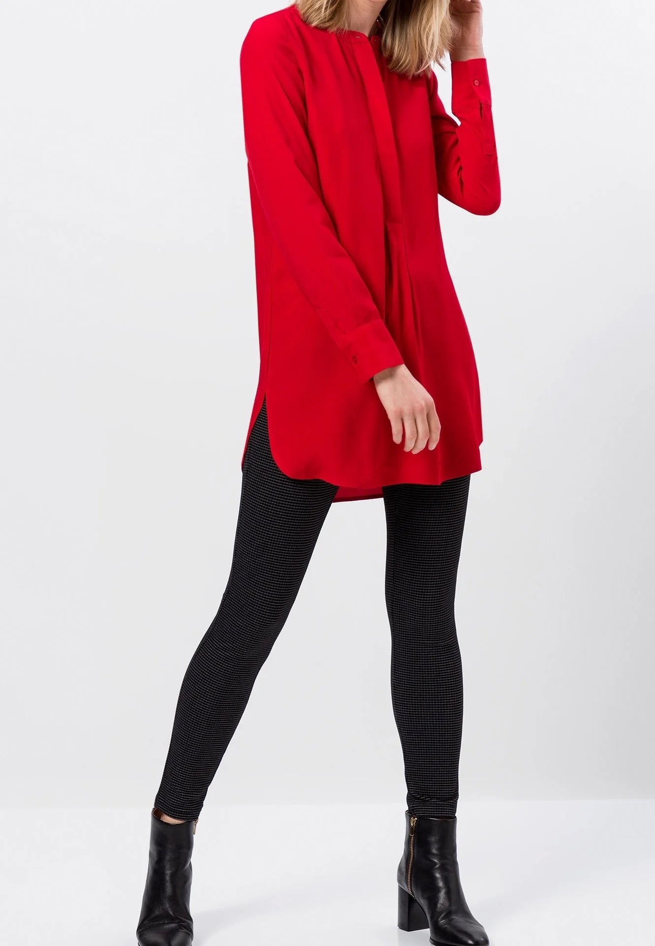 Zero Rote Crêpe-Longbluse – Kragenlos Langarm | Damen