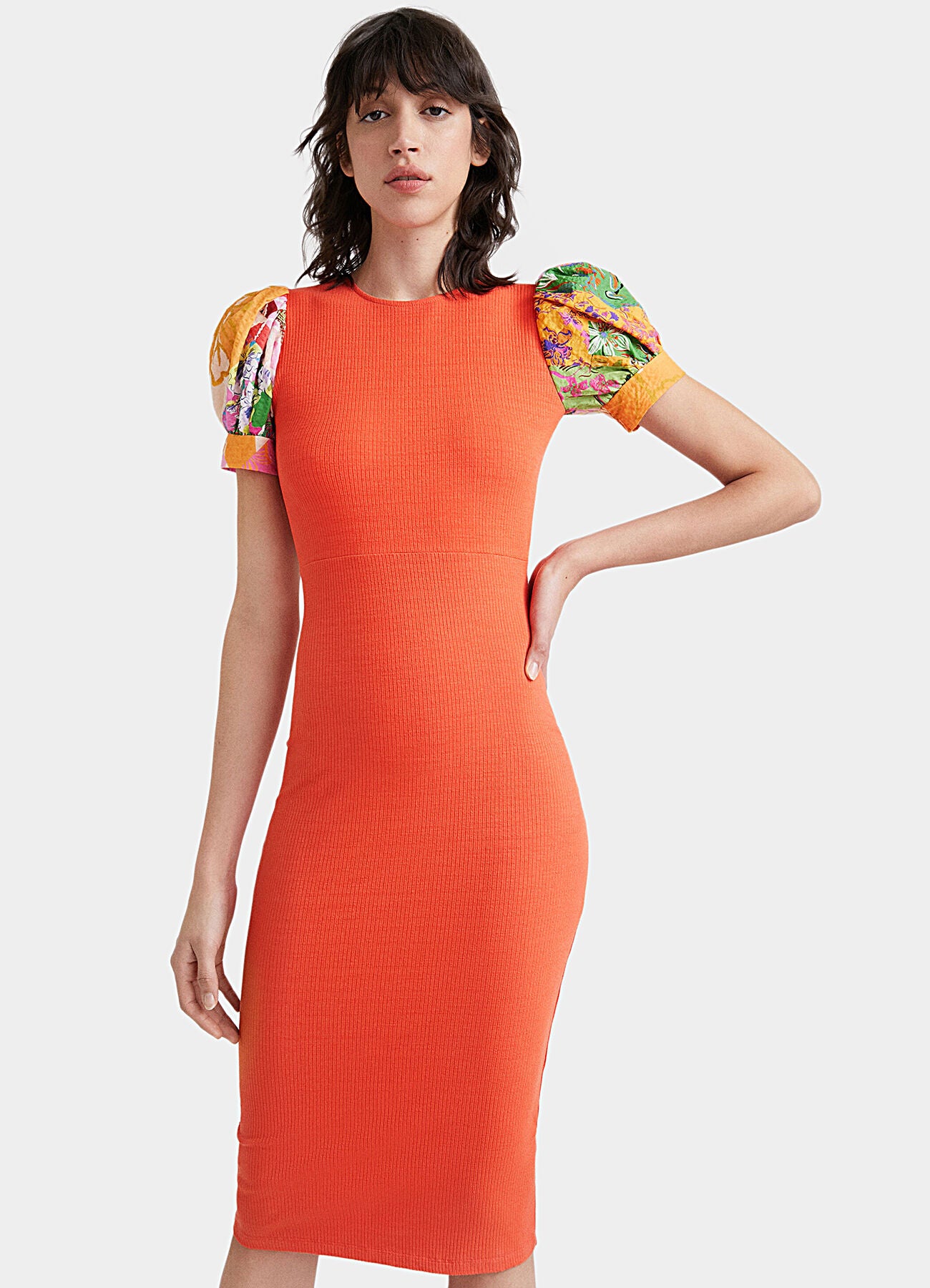 Desigual Geripptes Midi-Kleid mit offener Rückenpartie und floralen Puffärmeln – Orange