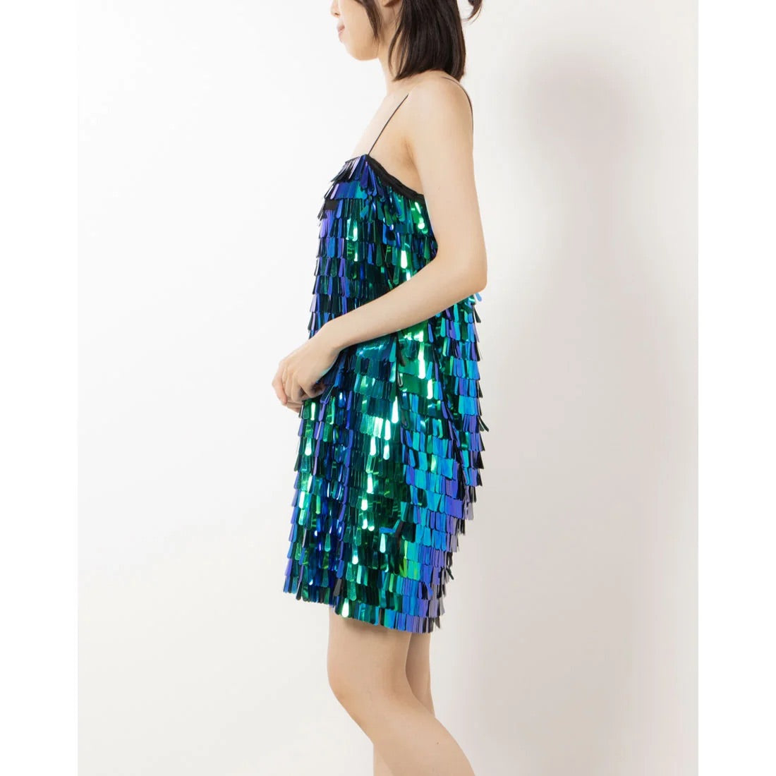 Desigual schillerndes Paillettenfransen-Minikleid – Grün Blau