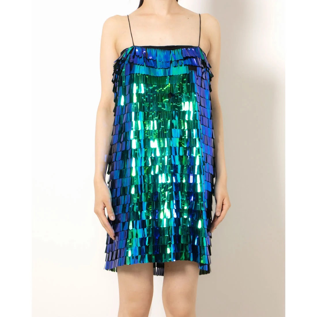 Desigual schillerndes Paillettenfransen-Minikleid – Grün Blau