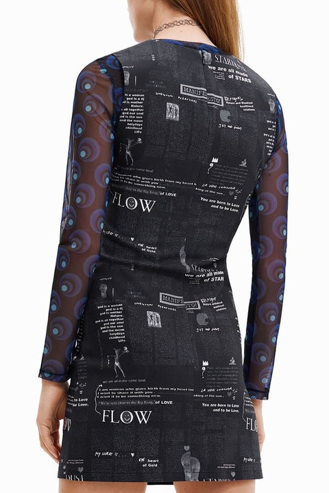 Desigual Flow Manifesto Print Mini-Kleid – Schwarz
