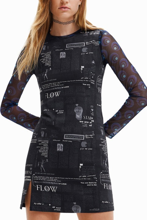 Desigual Flow Manifesto Print Mini-Kleid – Schwarz