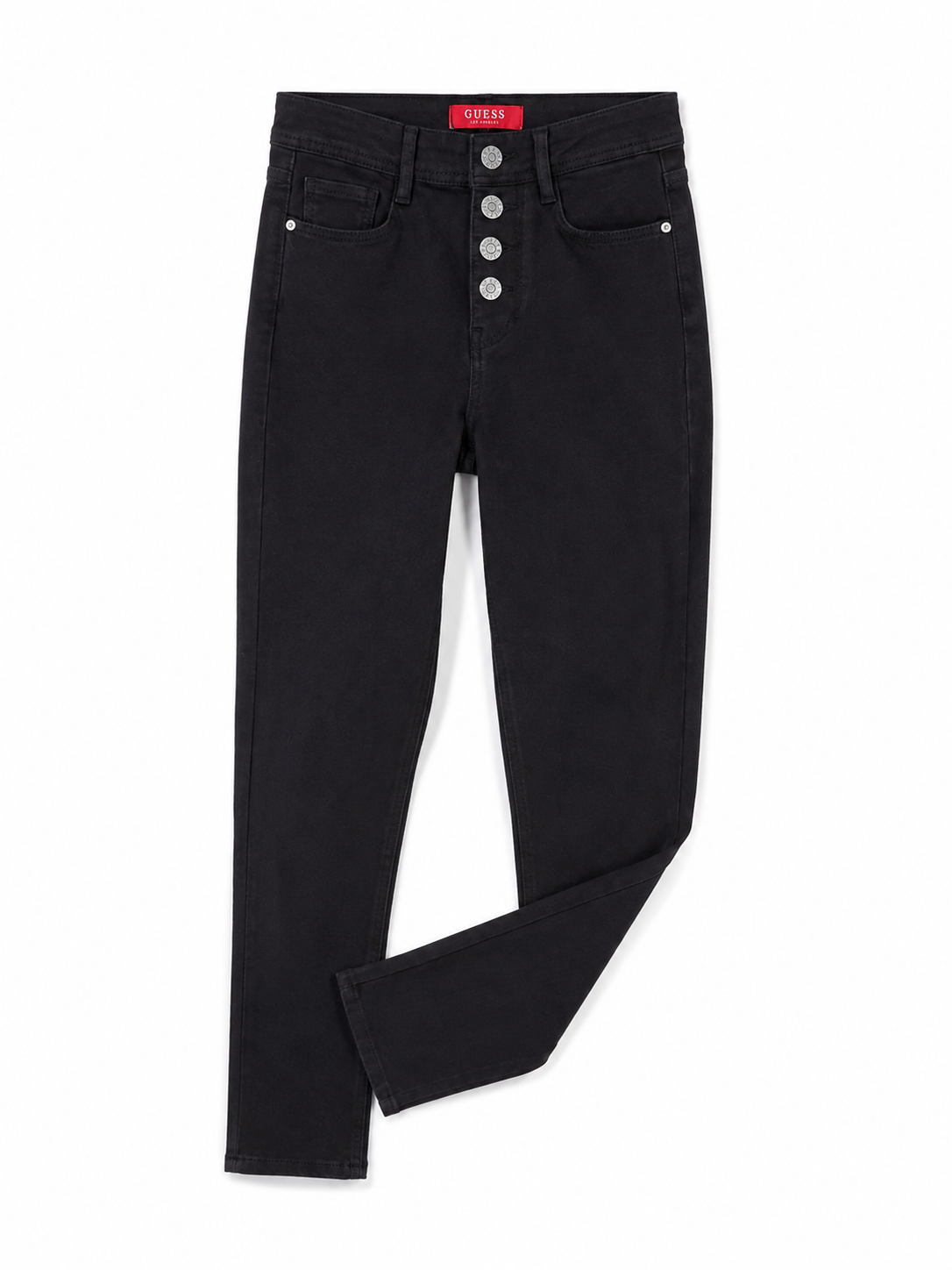 Guess High Rise Skinny Black Jeans – Dekorative silberne Knöpfe | Damen