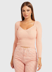 Guess Sweetheart Sonnet pinkfarbener gerippter bauchfreier Pullover – Langarm