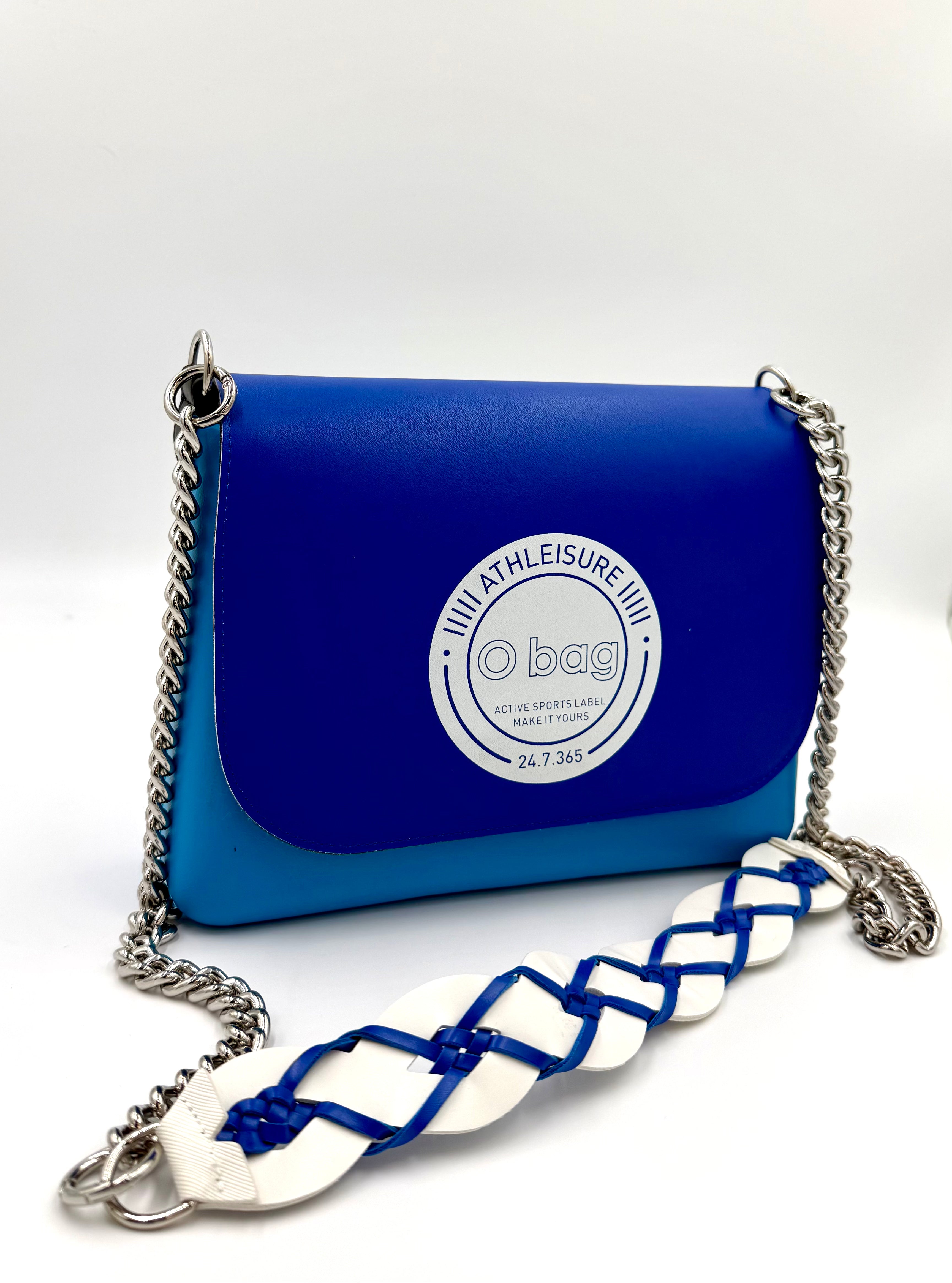 O bag Athleisure Mini Schultertasche mit Kettenriemen – blau/türkis, mit geflochtenem Zierband