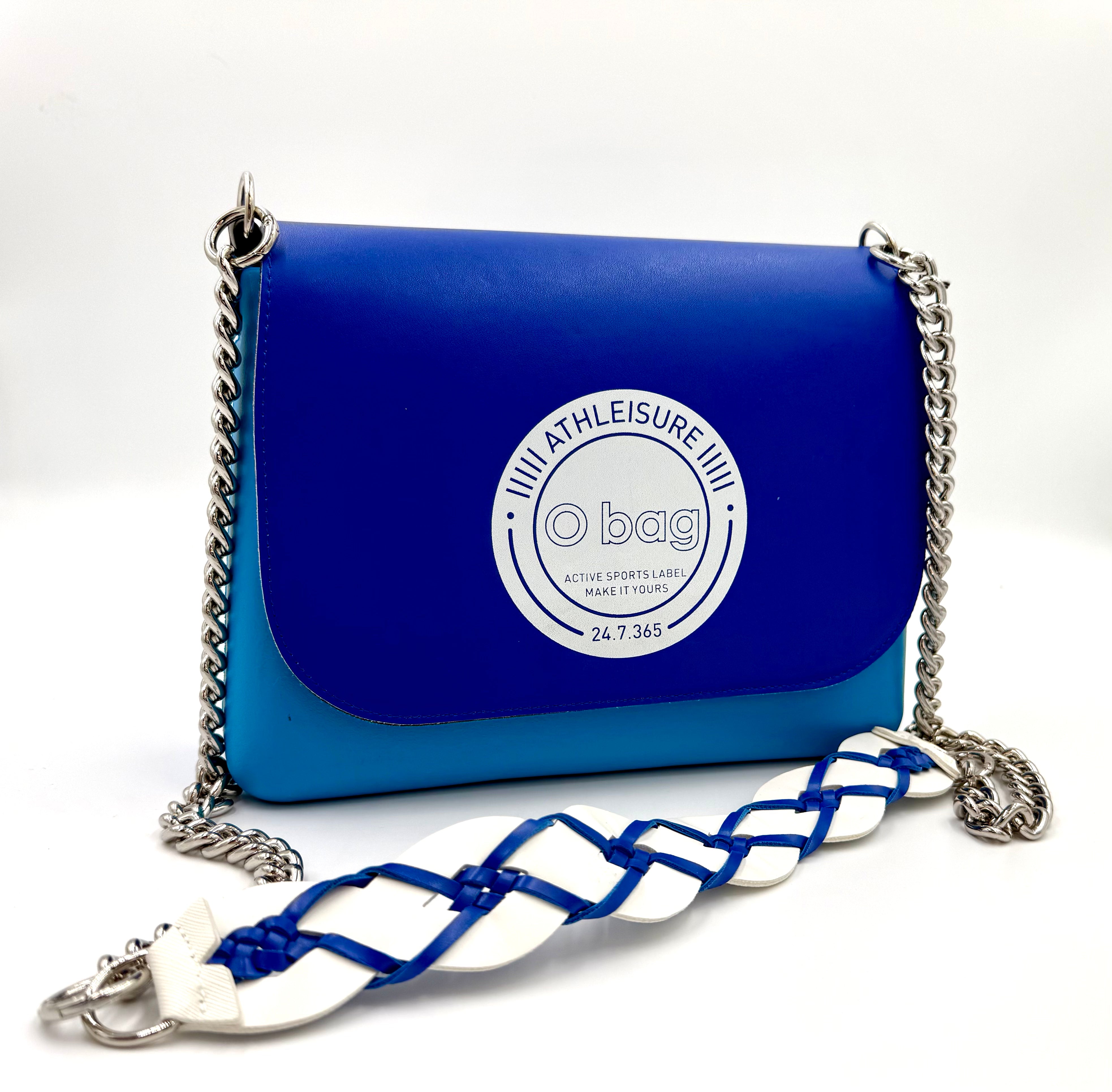 O bag Athleisure Mini Schultertasche mit Kettenriemen – blau/türkis, mit geflochtenem Zierband