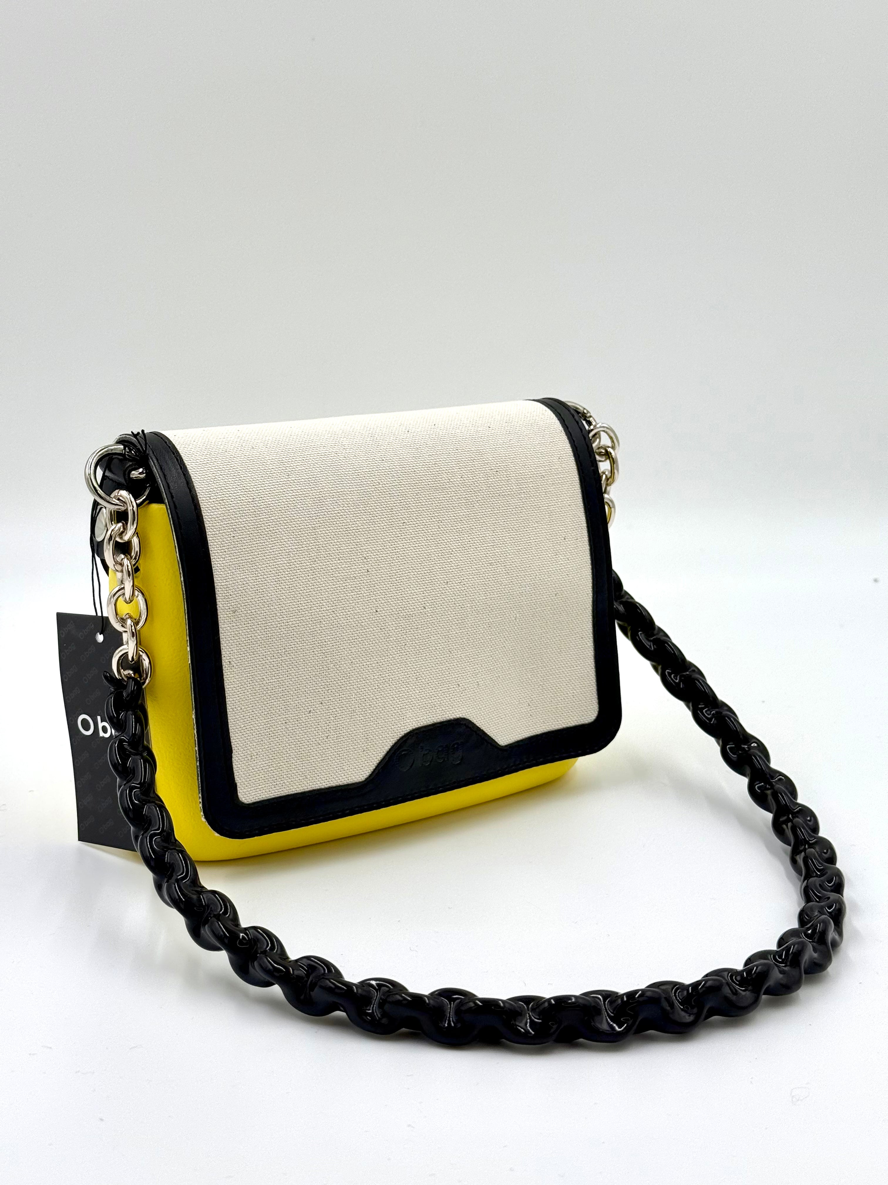 O bag Pocket Mini-Tasche – zitronengelber Taschenkörper, weiße Klappe, schwarzer Kettenriemen