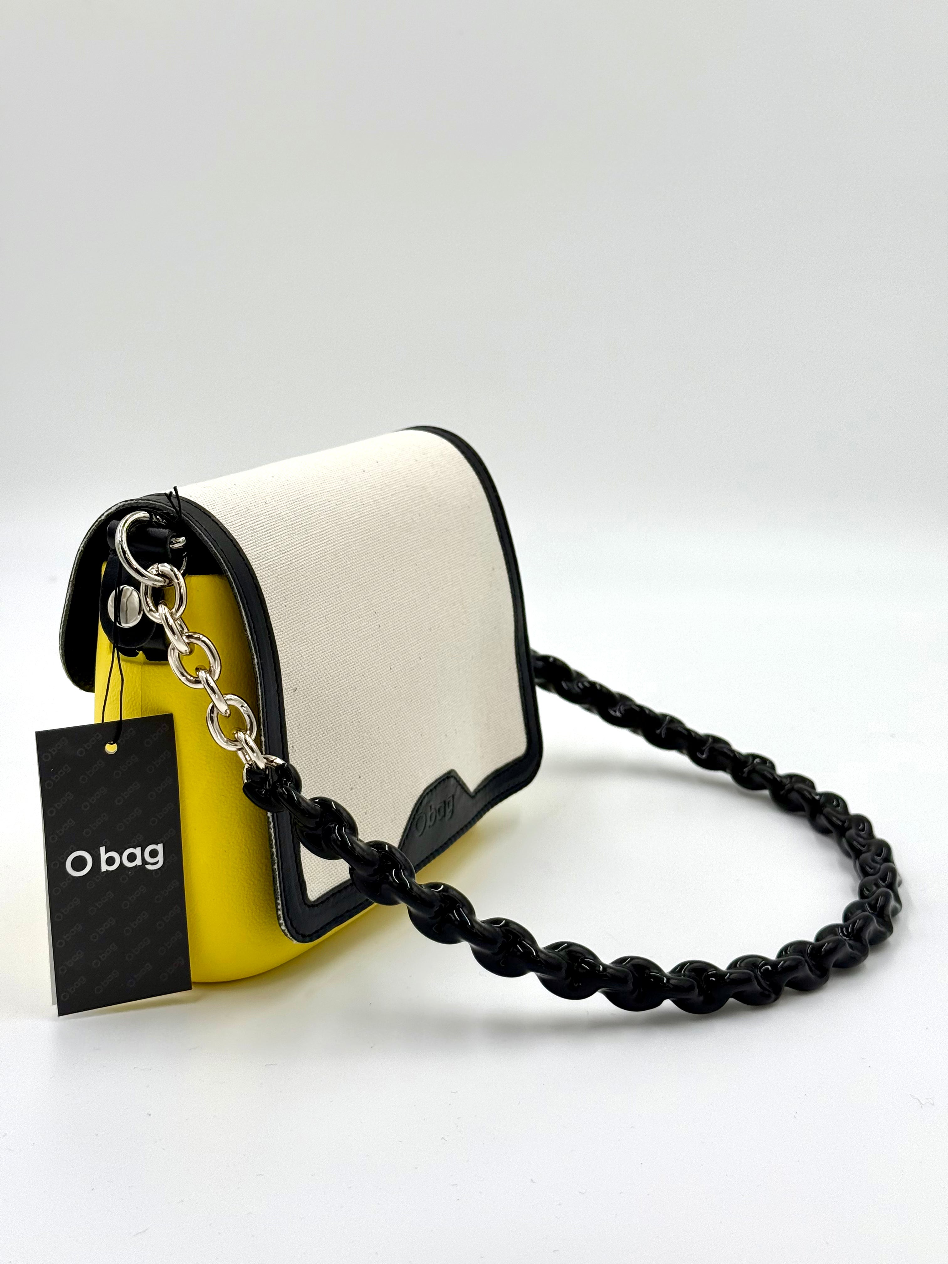 O bag Pocket Mini-Tasche – zitronengelber Taschenkörper, weiße Klappe, schwarzer Kettenriemen